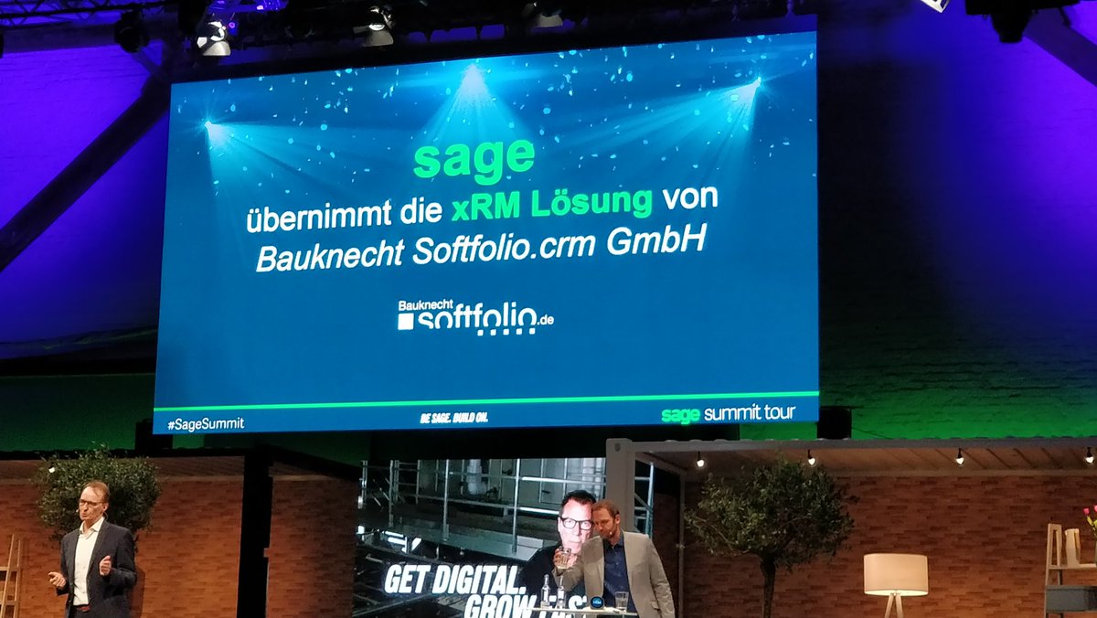SageGermany's tweet photo. Große Ankündigung auf dem #SageSummit: Sage übernimmt die xRM Lösung von Bauknecht Softfolio.crm GmbH. Eine signifikante Investition in Sage 100cloud. 🎉 📢 #XRM https://t.co/91lf3GsTOx
