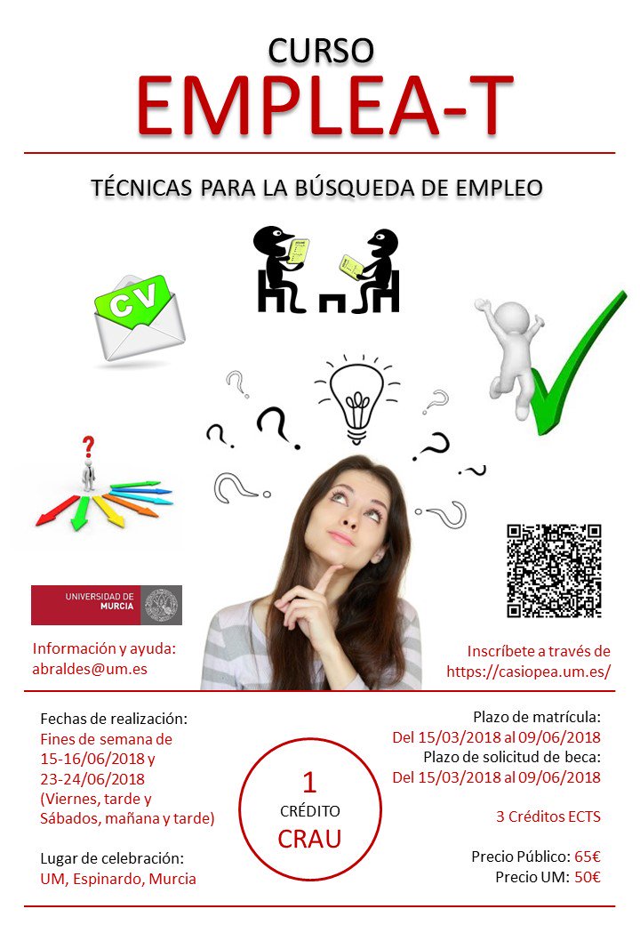 JAAbraldes's tweet photo. Emplea-T. #Curso interesante para la búsqueda de #empleo No pierdas la oportunidad de formarte. @UMU @UMUdivulga @Desarrollo @TrabajoMurcia @murciajob @TrabajosMurcia @murciatrabajo @Murciajobs https://t.co/tLaVQFNMwG