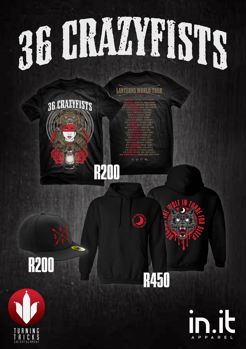 Some slick 36 Crazyfists merch will be available at each show on their upcoming South African tour. Card facilities will be available. Check the designs out right here!