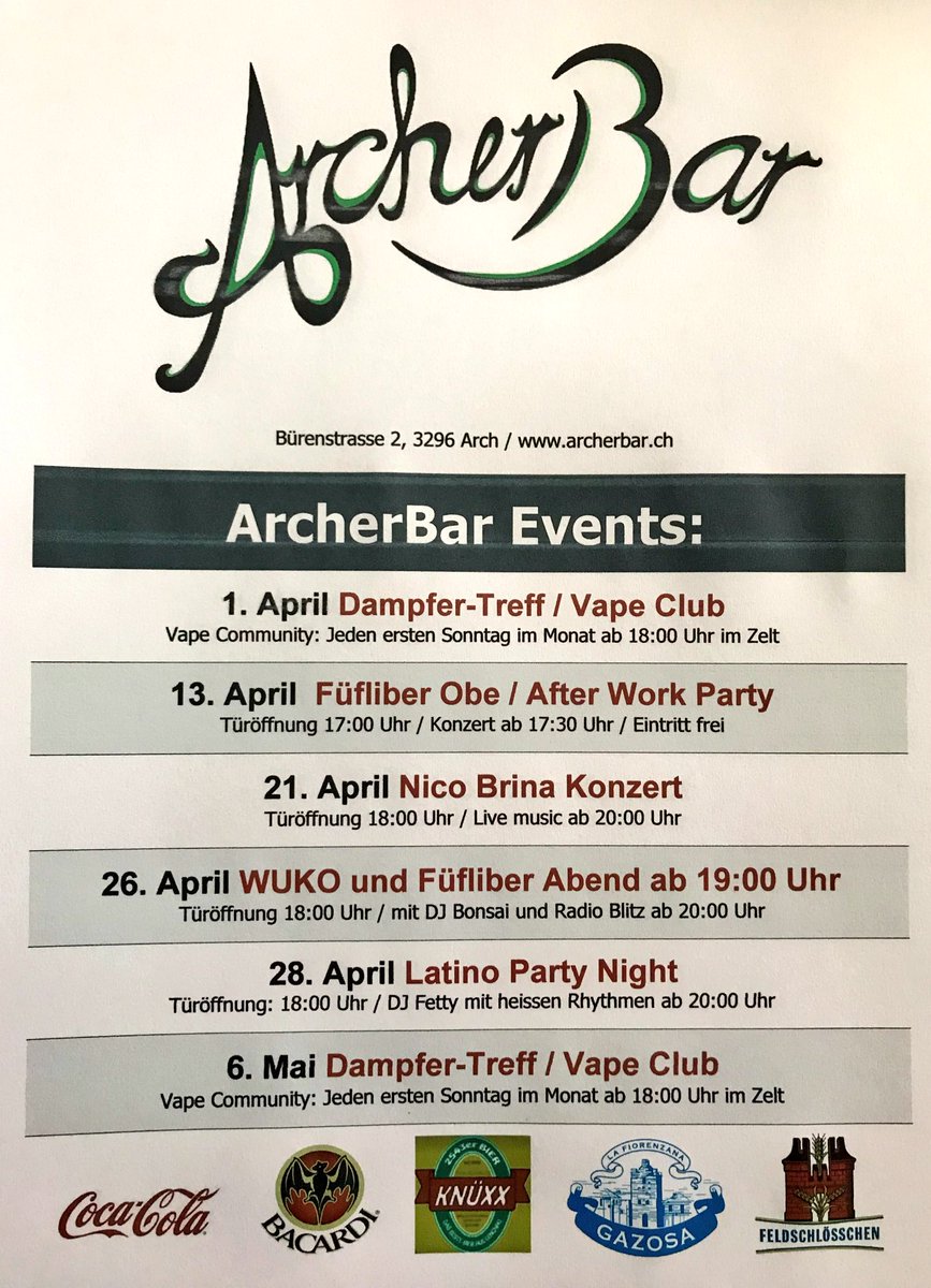Archerbar3296's tweet photo. Fast verschwitzt ��� Hier noch das April- Programm. Das Highlight mit Nico Brina findet am 21. April statt. Wir freuen uns aber ebenso auf den Dampferstammtisch Vapor Sunday als auch auf die Fünfliber- und Latino-Partys. 
Das ArcherBar Team wünscht viel Vergnügen https://t.co/WGye5UrJ5x