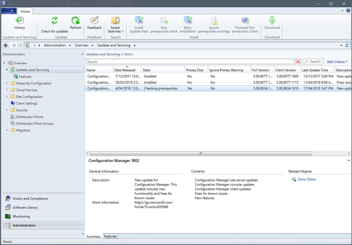 MyNameIsMurray's tweet image. #ConfigMgr #UpdateDayReport: Okay, OS + SQL are upgraded, and the site components look healthy. It's now time to #shinybutton the #CB1802 update, and get some of those sweet, sweet, management updates. Oh yeah!