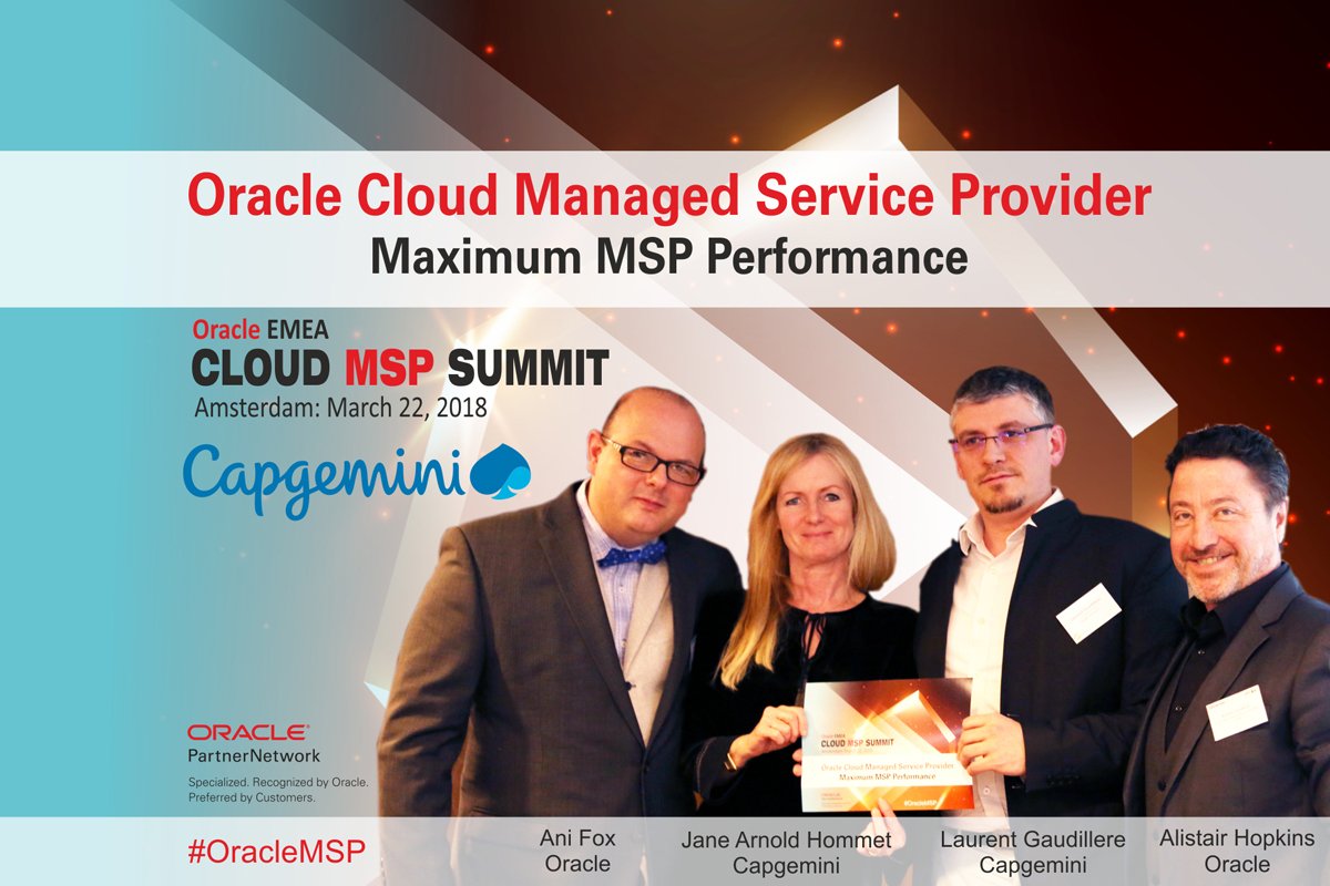 fjtorres's tweet photo. Congratulations to @Capgemini winner of the "Maximum MSP Performance" MSP Summit Award 2018 in Amsterdam #OracleMSP #EMEAps #OPN @CapgeminiOracle @Oracleemeaps @fjtorres https://t.co/lUkHZ0K2Yy
