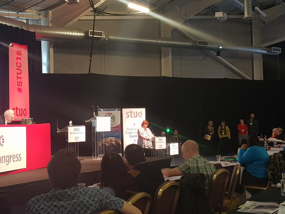 NUJScotland2's tweet photo. Massive queue of supporters to speak at @NUJScotland motion at #stuc18 on representation in the media! Excellent! https://t.co/SEankQMuA9