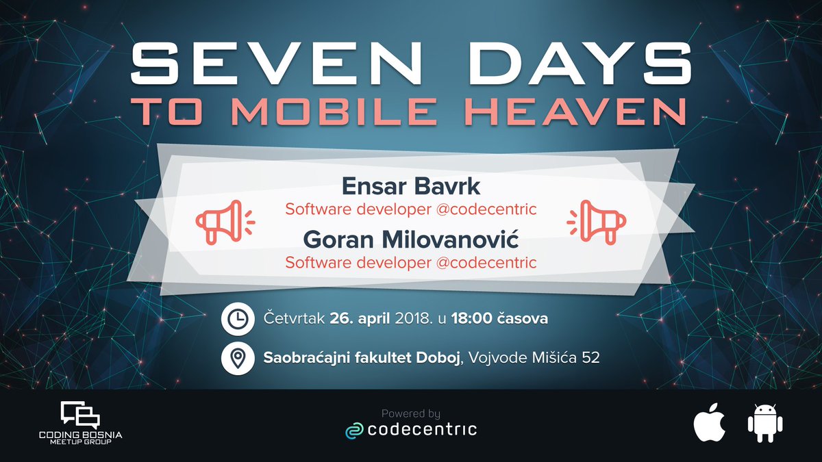 codecentricBA's tweet photo. Upcoming meetup on #mobileapps by codecentric Doboj duo:
Ensar & Goran. Faculty of Transport and Traffic Engineering in Doboj.
Thursday, April 26th at 6pm. RSVP π https://t.co/3O601CaBgW
#codingBosnia #codecentricBosnia #meetup #JavaScript #ReactNative https://t.co/QVlKFSrerZ