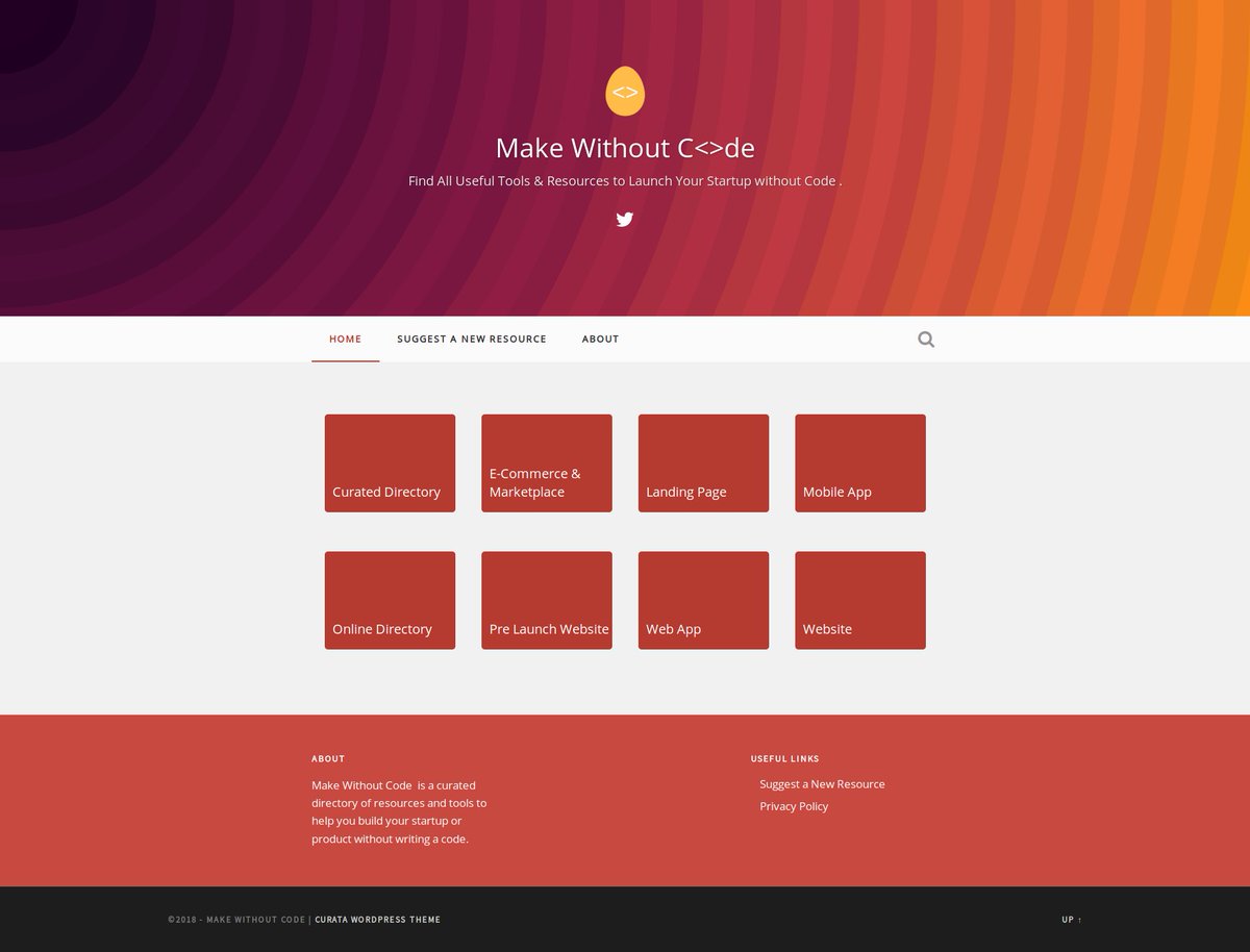 makewithoutcode's tweet image. We're really excited to launch makewithoutcode.com - to help  #Entrepreneurs who want to launch their #startup without writing #code or wasting time.  we’ve collected and curated the right set of tools which helps you launch your startup or side project faster and cheaper.