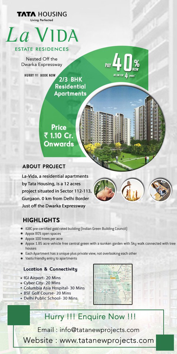 TATANewProjects's tweet photo. #TataLaVIDA is the ultra - luxurious housing set up by TATA Housing that has offered luxurious and Spacious 2, 2.5 and 3 BHK residences in 8 high rise towers. It is located in Sector 113 Gurgaon close proximity to the Dwarka Expressway. Read more https://t.co/r2YYt02ynl https://t.co/YdIFWRZv5p
