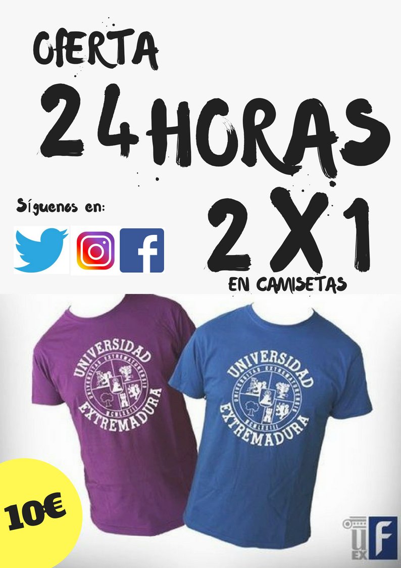 ZonaUEx's tweet photo. ¡¡¡Arrancamos con la 2ª promo 24 horas!!!
Por la compra de una camiseta UEx te llevas otra de regalo!!
!¡Corre, que vuelan!¡

Oferta válida hasta mañana a las 12:00 horas. https://t.co/anxGLzeTWP
