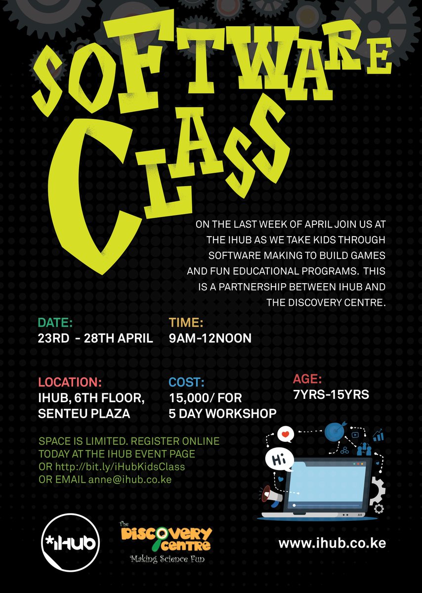 CentreDiscovery's tweet image. Register your child for a software developing workshop to build games and fun educational programs from 23rd - 28th April in collaboration with @iHub
 #SoftwareClass

Link to register: bit.ly/iHubKidsClass