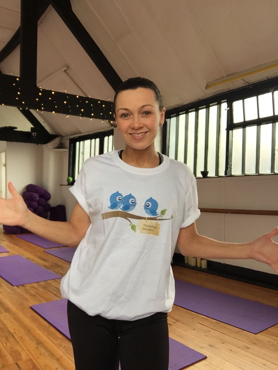 Danceandyoga's tweet photo. Thanks for the warm welcome last night! I thought I’d try on my t-shirt after my class this morning! I even did a ‘bird of paradise pose’ for you! @TweetUpShrews @EnchantBellTent @AmandaMullins10 @reechmedia @BelleVAF #TweetUpShrews #networking #yoga #belltent https://t.co/U8k0Kz2qoY
