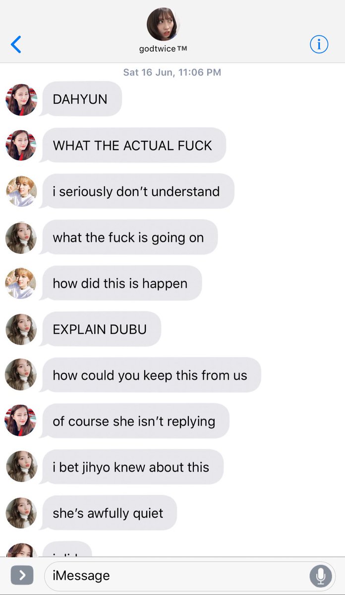 “Sorry, I have to go.” Dahyun told the girl she was facetiming. “I’ll text you later.”“Wait-“ Sana tried but the girl already hung up. “Who were you talking to?” Dahyun just shook her head. “Should I go? So you can finish that conversation?”“No, no, it wasn’t important.”