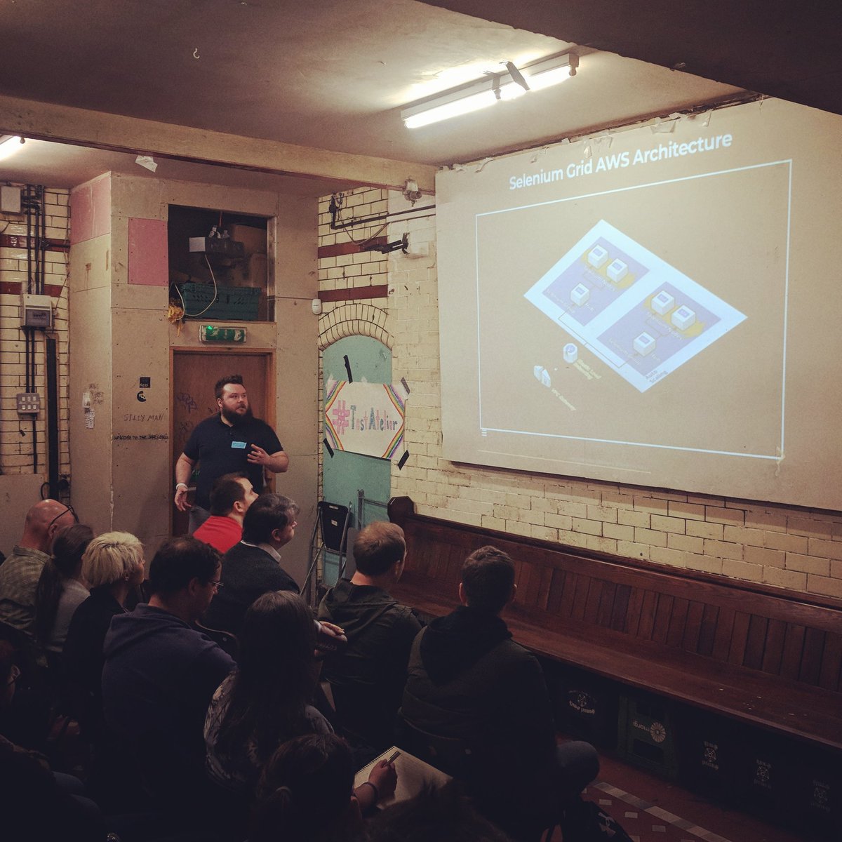 Rosicadia's tweet image. @TrebleBrewingUK speaking at @testing_atelier "Turns out if you put Selenium Grid on a little Mac mini it gets so hot you can cook eggs on it. So we switched to #AWS EC2 instances" #TestAtelier #TestingAtelier