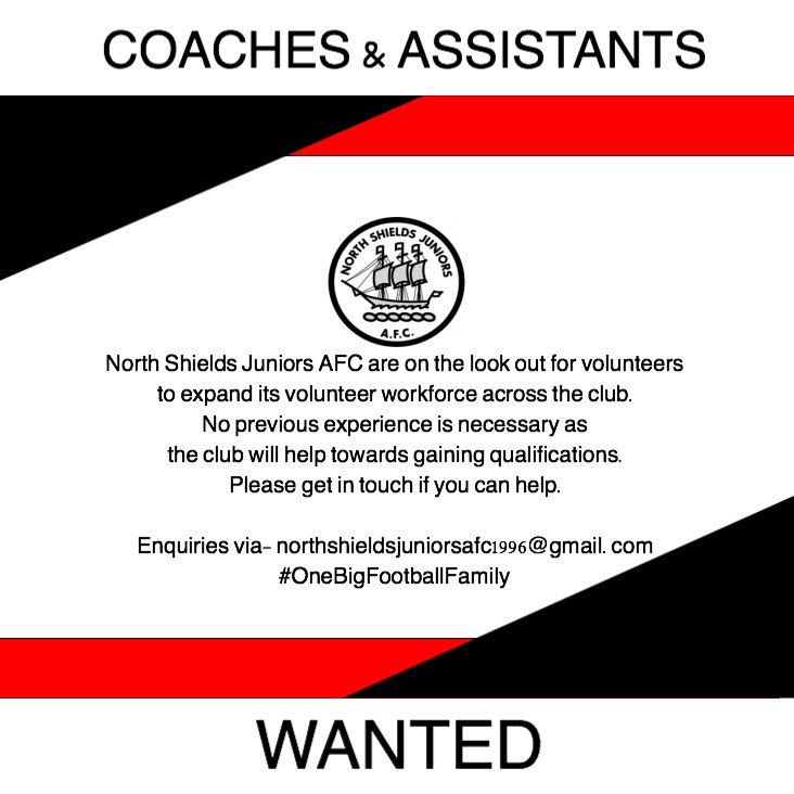 NSJAFCdev's tweet photo. Lots of opportunities available with North Shields Juniors AFC for 2018/19

Get in touch NOW.

#PassItOn 

#OneBigFootballFamily https://t.co/QA67wExbQI