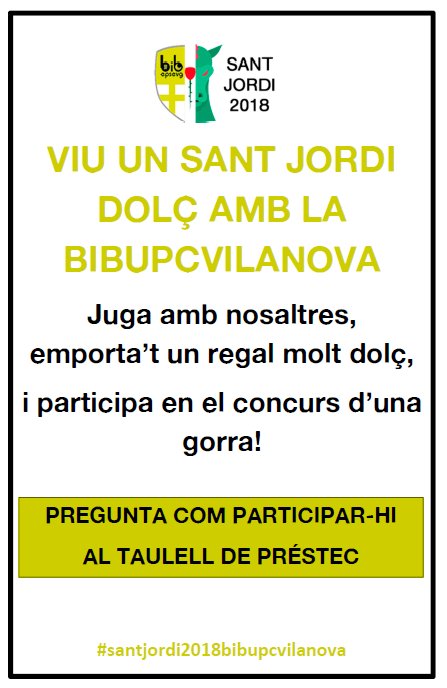 BibUPCVILANOVA's tweet photo. Emporta't una 🧢 pel 📙! Sí, sí, ho has llegit bé: aquest #santjordi2018bibupcvilanova participa en el nostre joc de pistes 🕵️‍♂️ #santjordidolç i emporta't una 🧢de premi! (➕Tothom tindrà un detall dolç per participar)
🗓️? Del 17 al 26 d’abril
🚩? @bibupcvilanova https://t.co/Oe2qgKcZUs