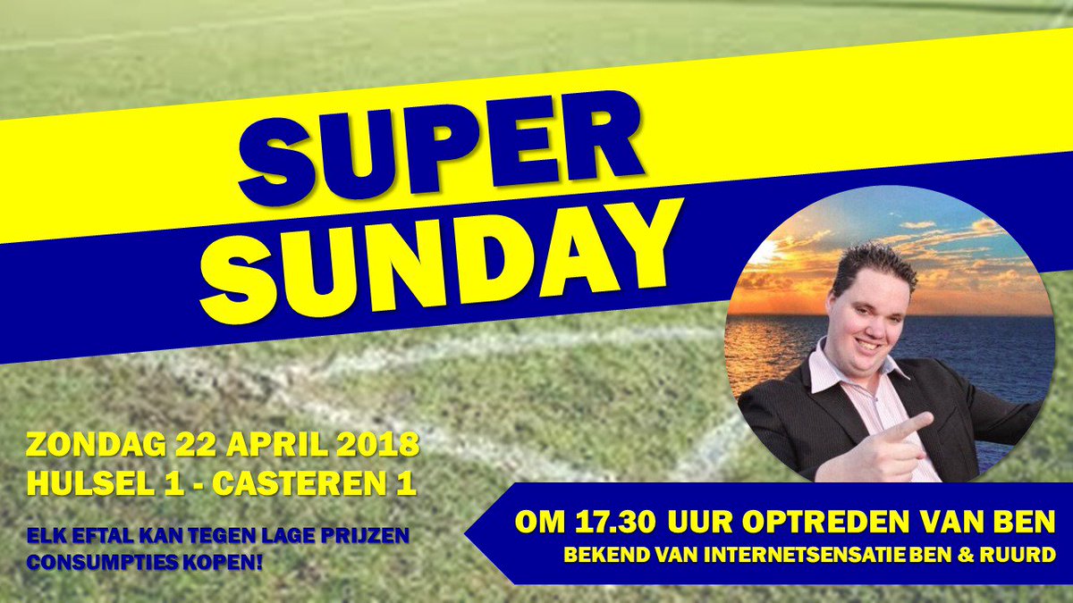 A.s. zondag Super Sunday op 't Kantje. #wegaanhelmaallos
Hulsel 1 - Casteren 1 om 14.30 uur
Hulsel 2 - <a href="/knegsel2/">Knegselse Boys 2</a> 
Hulsel 3 - <a href="/RKVVBergeijk/">RKVV Bergeijk</a> 6
Hulsel 4 - <a href="/zuiderburen/">v.v. de Zuiderburen</a> 4
Met optreden van Ben bekend van Ben en Ruurd ⚽️😎🍺🌞
