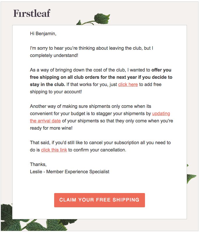 itisbenjamin's tweet image. #Sludge in @firstleafclub&apos;s &quot;Confirm your Firstleaf cancellation&quot; email which comes after I thought I had already canceled. Customer is guided to free shipping instead, and one could easily delete this email without &quot;confirming&quot;.