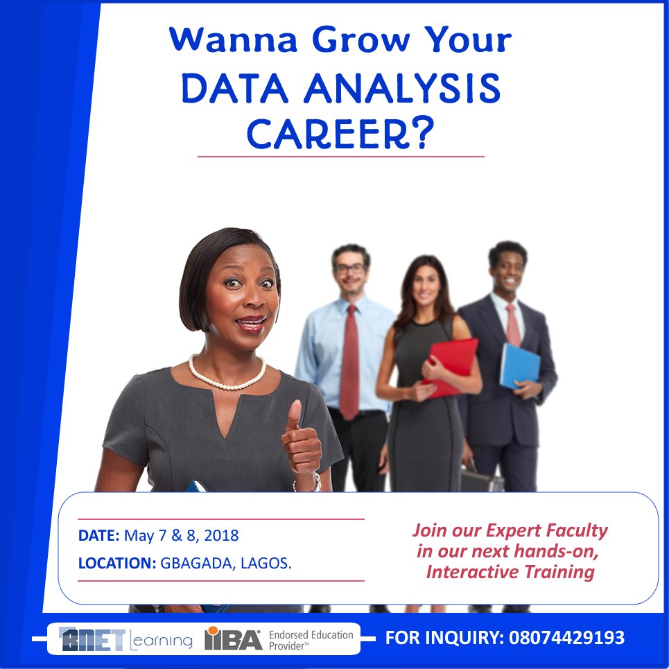 Take your Data Analysis career to the next level! Join our two-day BootCamp holding on May 7th &amp; 8th, 2018.

Call 08074429193 or info@bnetng.com to book a seat.
bnetng.com