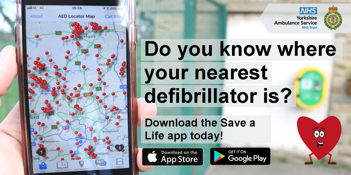 Today we are launching the #SaveaLife app which tells you the location of all the defibrillators in Yorkshire! 💔⚡️

Download the app today!
Android: ow.ly/A84U50h7jBg
IOS: ow.ly/hAeG50h7jBj