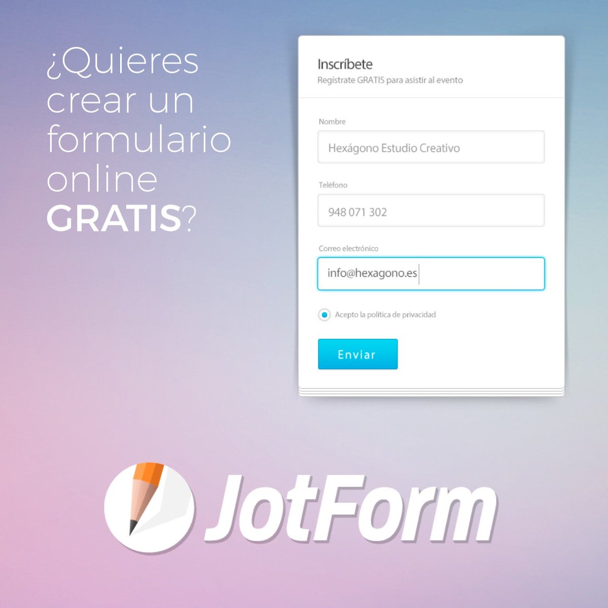 HexagonoEstudio's tweet image. Un formulario es el medio ideal para que tus clientes puedan ponerse en contacto con tu empresa de una manera sencilla, rápida y eficaz. Y herramientas como @JotForm facilitan el diseño y la inserción de estos. Lo mejor, es totalmente gratis. 
#TipsWeb #Gratis #ElTipDeLosMartes