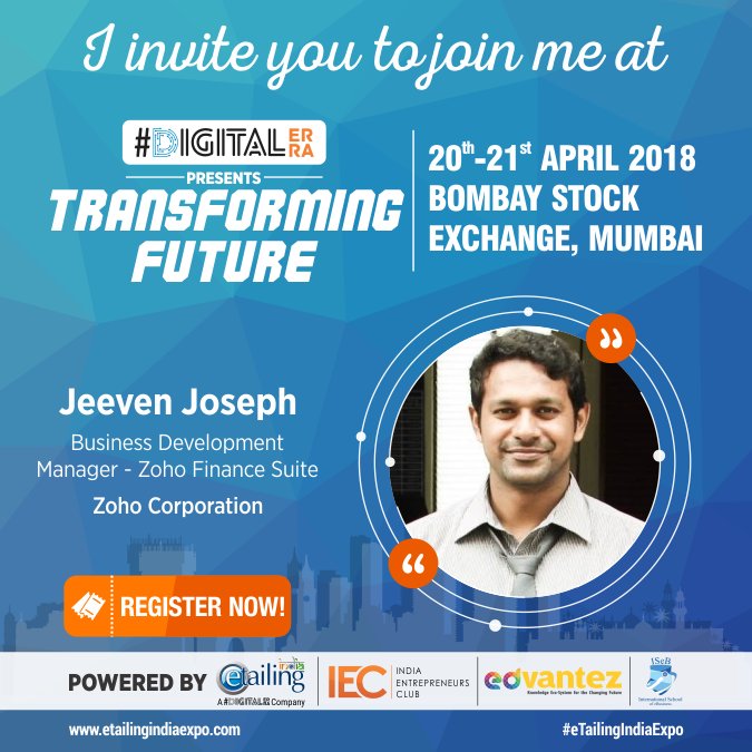 eTailingIndia's tweet photo. Jeeven Joseph has been with @zoho for more than two years leading #Sales and #businessdevelopment of Zoho Inventory since its release.
Incredibly excited to have @jeev1985 , #ZOHO as a part of #eTailingIndiaExpo
#BookNow: https://t.co/aG43Aw5Bel  
#ecommerce #retail #mobile https://t.co/nCR6RRkTU9