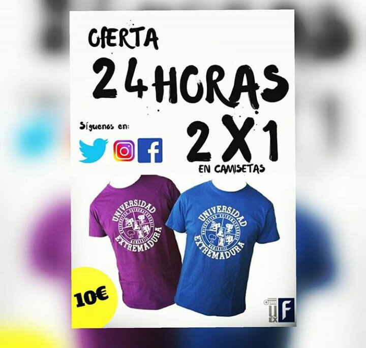 ZonaUEx's tweet photo. Dos camisetas por 10€!!! Válido hasta las 12.00h del 18/04/2018 https://t.co/xrP4ZXwSNh