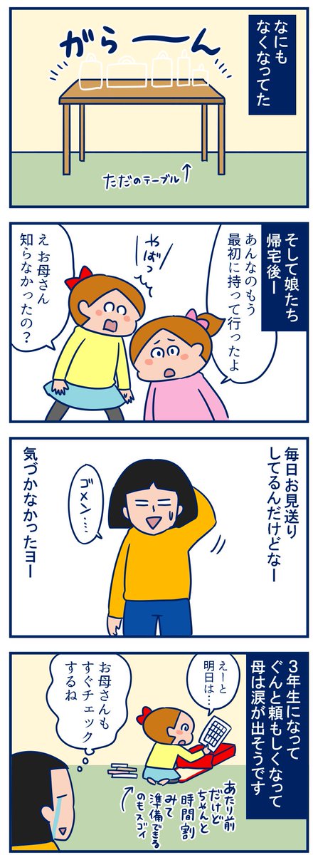 3年生になってから娘たちが頼もしくて仕方ないんですけど…!(という日記を描いていたら今日のまめがハンカチティッシュ忘れていったことに気づく😂)#育児漫画 #双子育児
・親はなくとも子は育つ!?
https://t.co/Qv16Gpt269 