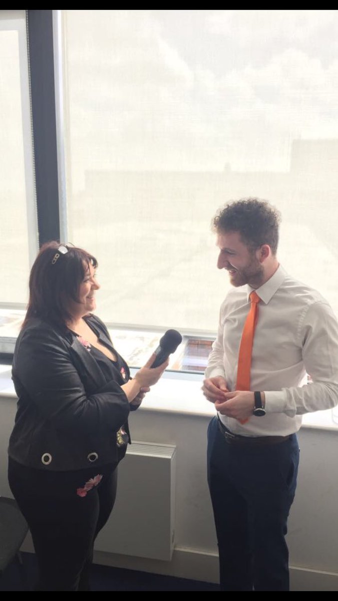 BusinessDCU's tweet photo. @BrendaDonohue from @RTERadio1 speaking to Paul from AgriM8 about their idea and family business #DCUDragonDen @DublinCityUni @DCUAlumni https://t.co/D9KLw7bdSU