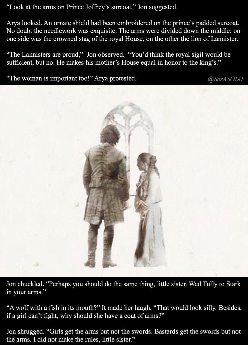 SerASOIAF's tweet photo. “A wolf with a fish in its mouth?” It made her laugh. “That would look silly.”
-A Game of Thrones, Arya

[Nymeria��s] jaw closed around a pale white arm. She shook it to make it move, but there was only death and blood in her mouth.
-A Storm of Swords, Arya

#Foreshadowing https://t.co/w5RAM2ZQtr