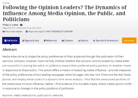 APSA & ICA Political Communication Divisions (@poli_com) on Twitter photo From #PolComm archive 2012: Following the Opinion Leaders? The Dynamics of Influence Among Media Opinion, the Public, and Politicians, by <a href="/philiphabel/">Philip Habel</a> <a href="/UofSouthAlabama/">University of South Alabama</a> doi.org/10.1080/105846… From #PolComm archive 2012: Following the Opinion Leaders? The Dynamics of Influence Among Media Opinion, the Public, and Politicians, by <a href="/philiphabel/">Philip Habel</a> <a href="/UofSouthAlabama/">University of South Alabama</a> doi.org/10.1080/105846…