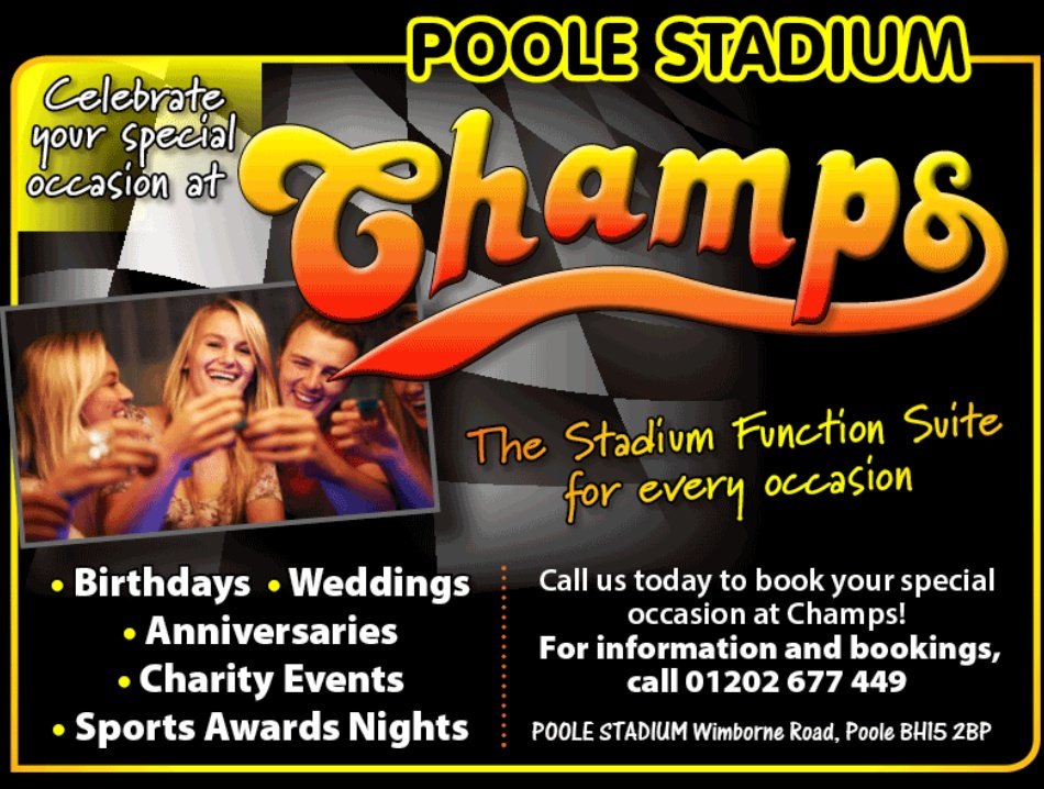 Celebrate your special occasion at champs.
The stadium function suite.
Call 01202 677449 for more information.