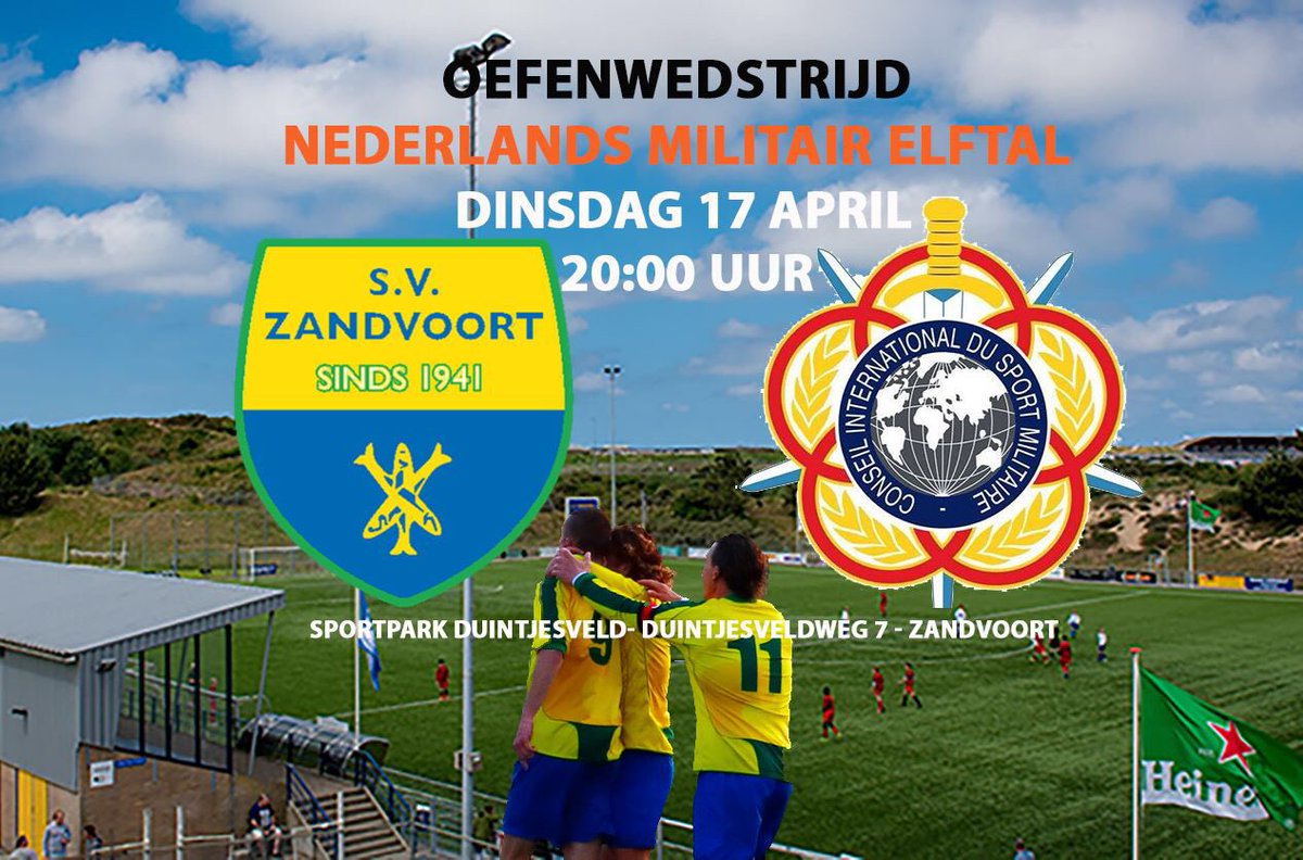 SVZandvoort1's tweet photo. Nauwelijks bekomen van een uitbundig kampioensfeest, staat de volgende wedstrijd alweer op het programma! Dinsdag zullen de kersverse kampioenen oefenen tegen het Nederlands Militair Elftal! De wedstrijd begint om 20u #haaien #Zandvoort @ViHaarlem https://t.co/m6n6kvR2bn