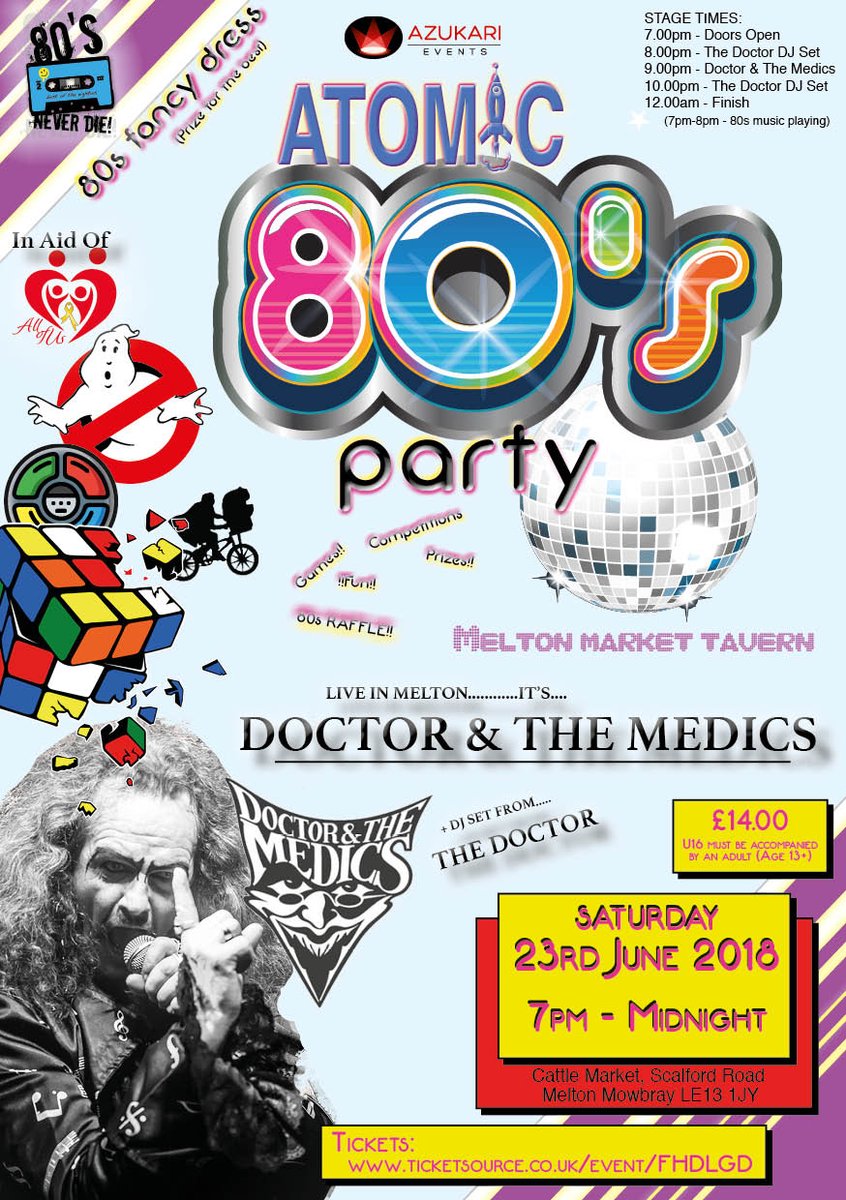 atomic80sparty's tweet image. Charity night full of 80s fun, fancy dress &amp;amp; frolics. 2018's event features 80s icons Doctor &amp;amp; The Medics &amp;amp; 80s DJ set from The Doctor #meltonmowbray @Rev_Dr #rewind #80s #80smusic #atomic80s #atmic80sparty #80sfashion