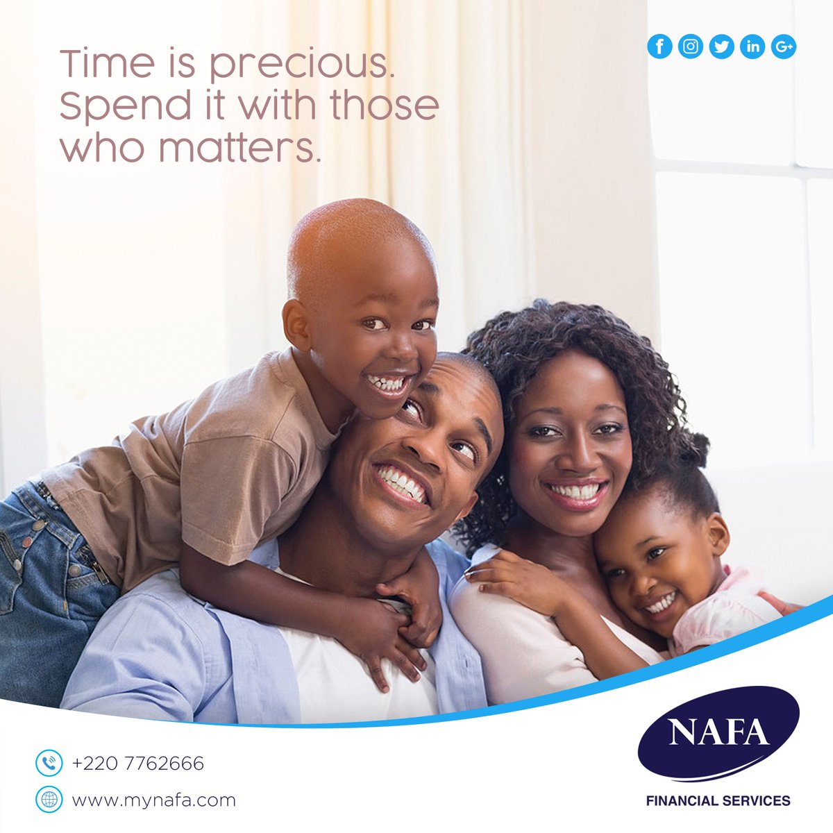 The greatest gift you can give someone is your time because when you give your time, you are giving a portion of your life that you will never get back. Happy Sunday!

#Sunday #MyNafa #NafaGambia #CustomerFirst #NafaFinancialServices #SendMoney #ReceiveMoney #Gambia #ChooseNafa