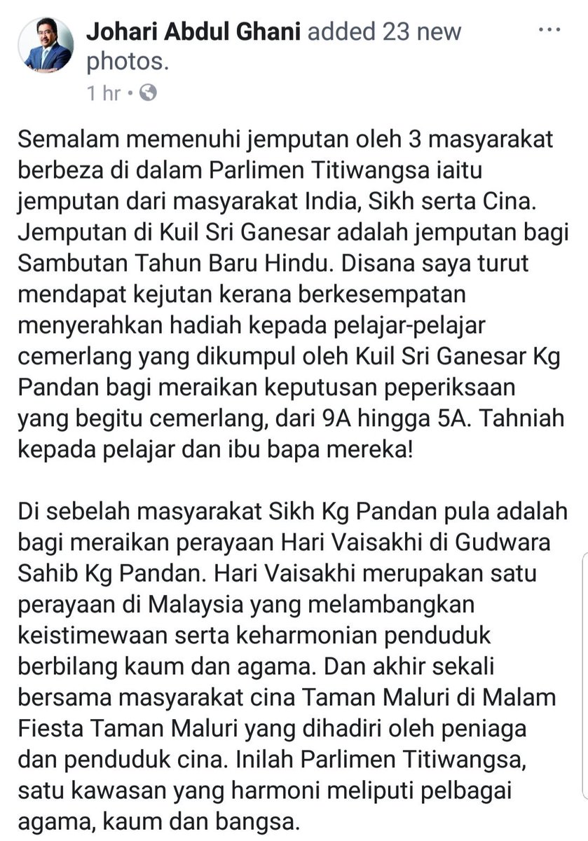 Johari Abdul Ghani On Twitter Inilah Parlimen Titiwangsa Satu Kawasan Yang Harmoni Meliputi Pelbagai Agama Kaum Dan Bangsa