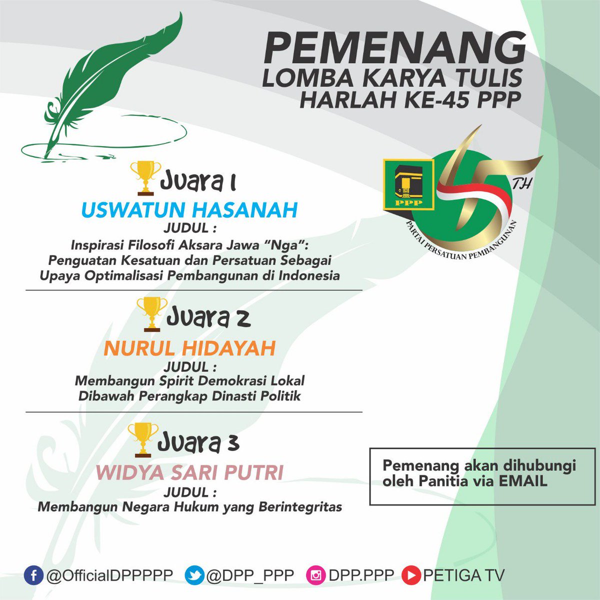 DPP_PPP's tweet photo. Selamat kepada nama-nama di bawah ini, sebagai pemenang Lomba Karya Tulis Ilmiah, dalam rangka menyambut Harlah ke-45 PPP.
#PPPForJokowi
#Harlah45PPP
#GusRommy https://t.co/ptmY2JbGcF