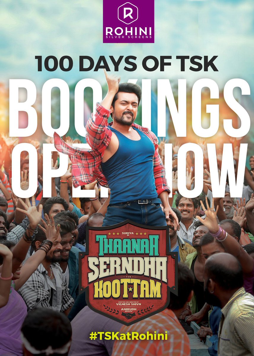 kollywoodtimes's tweet photo. #ThaanaaSerndhaKoottam #BlockBusterTsk 100 Days Celebration at @RohiniSilverScr on 22nd April at 11 AM. #TSK100AtRohini Filling fast! @Suriya_offl @VigneshShivN @anirudhofficial @KeerthyOfficial Book now --> https://t.co/R1TRoKUMt4 … https://t.co/9CwHgrufhd