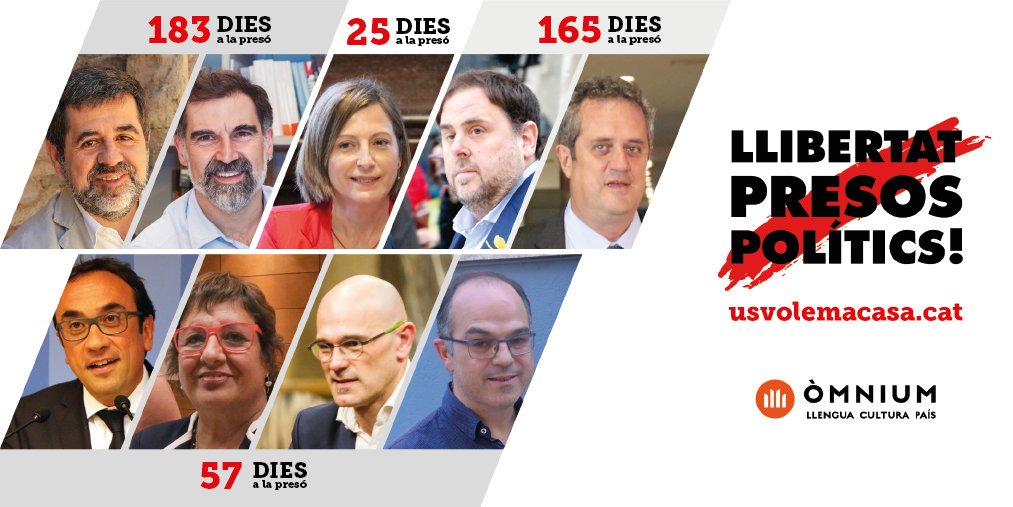 Avui tots a omplir els carrers! 
12:30 plaça Espanya
#prourepressio 
#LlibertatPresosPolítics
#UsVolemaCasa