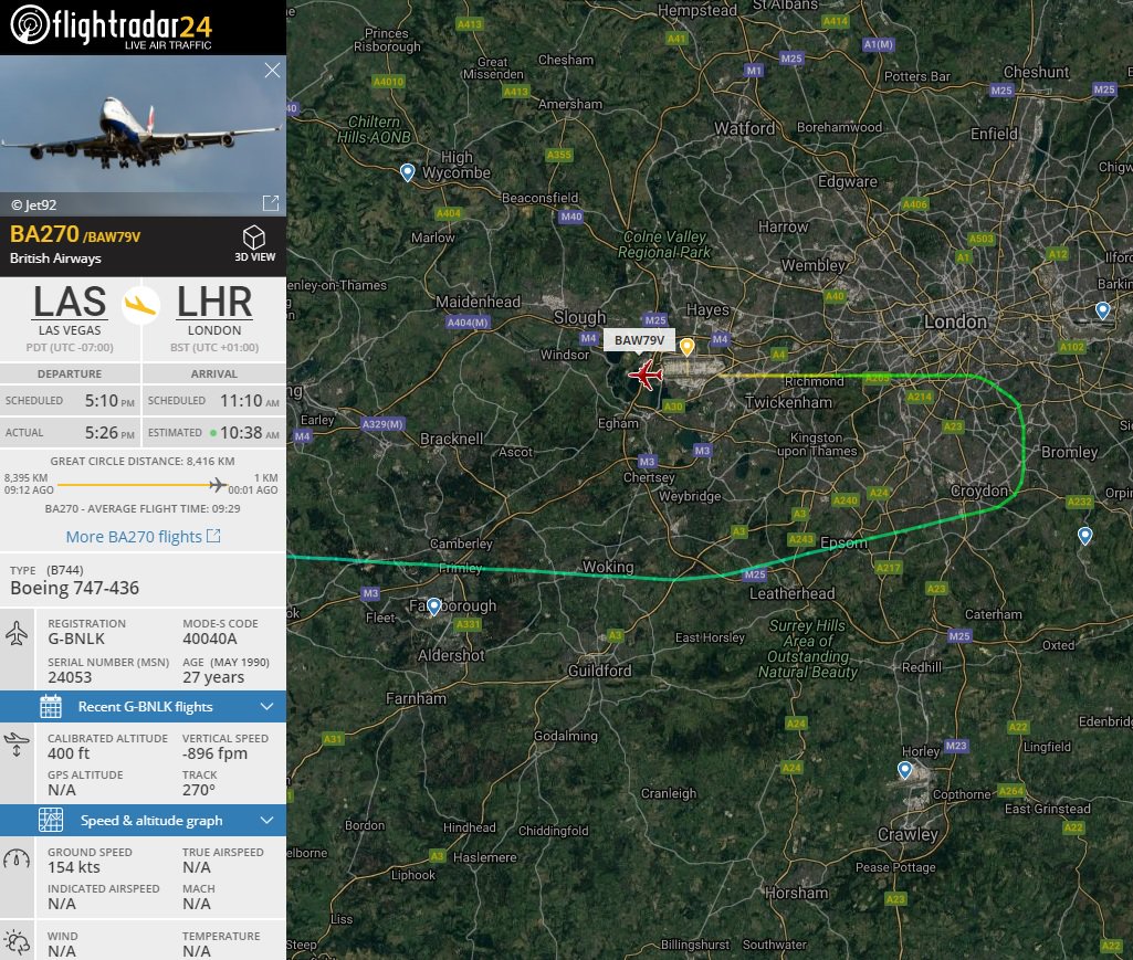 AirportWebcams's tweet photo. British Airways #BA270 Las Vegas to London Heathrow (Boeing 747-400 G-BNLK) just received a straight-in to LHR after briefly squawking 7700 General Emergency over the Irish Sea. Reason not yet known. 
https://t.co/QxRqaV5npi @Heathrowcam https://t.co/7NBRNK5DmN