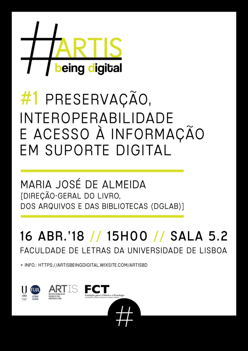 ARTISbd's tweet photo. Session 1 - "Preservation, interoperability and access to digital data", with Maria José de Almeida (DGLAB)
April 16th, 2018 | 15:00 | Faculdade de Letras, Universidade de Lisboa, room 5.2
https://t.co/so3krQ1M8D
#ARTISbeingdigital #ARTISbd #HAD #DAH #DigitalArtHistory #ARTISiha https://t.co/UFFc5LJFNg