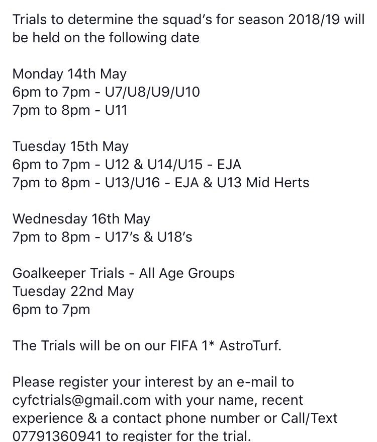 Cheshuntu11's tweet photo. @CheshuntYouthFC  Trials for season 18/19 https://t.co/djwaiKHmxo
