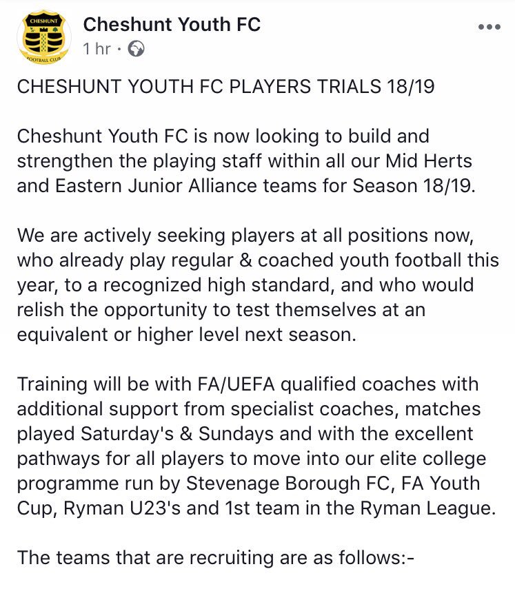 Cheshuntu11's tweet photo. @CheshuntYouthFC  Trials for season 18/19 https://t.co/djwaiKHmxo