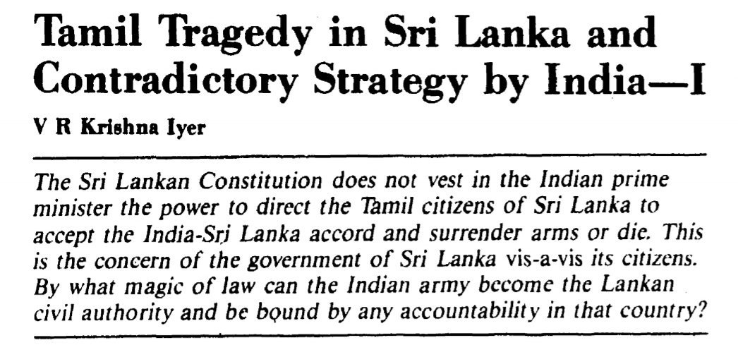 mrpaluvets's tweet photo. "The Sri Lankan Constitution does not vest in the Indian prime minister the power to direct the Tamil citizens of SL to accept the India-Lanka accord &amp; surender arms or die"

-Justice V.R.Krishna  I̶y̶e̶r̶,  Economic and Political weekly, July 9 1988 #அறிவோம்ஈழம் https://t.co/0gqIhAgrGD