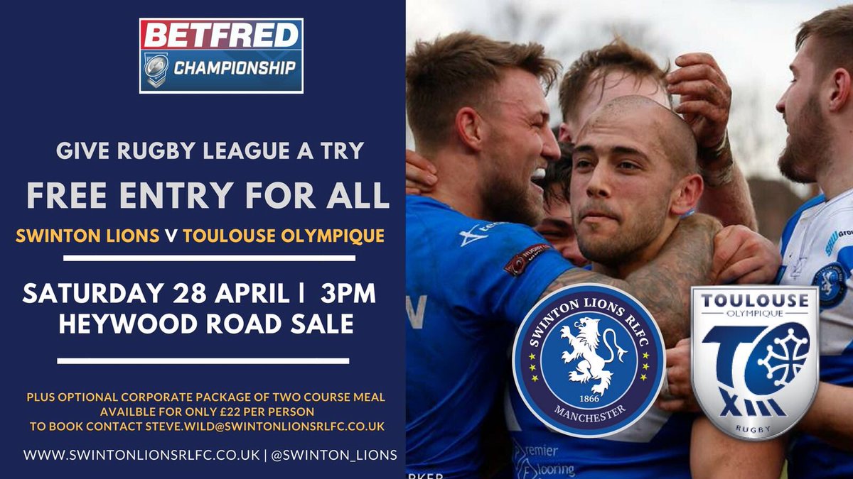 Swinton_Lions's tweet photo. 📰 BREAKING | FREE RUGBY LEAGUE

Come and enjoy some exciting @RLChampionships action for FREE at Heywood Road as the #Lions host @TOXIII on Saturday 28th April, K.O. 3pm. 🦁🇫🇷 https://t.co/sNQZaAKkJf