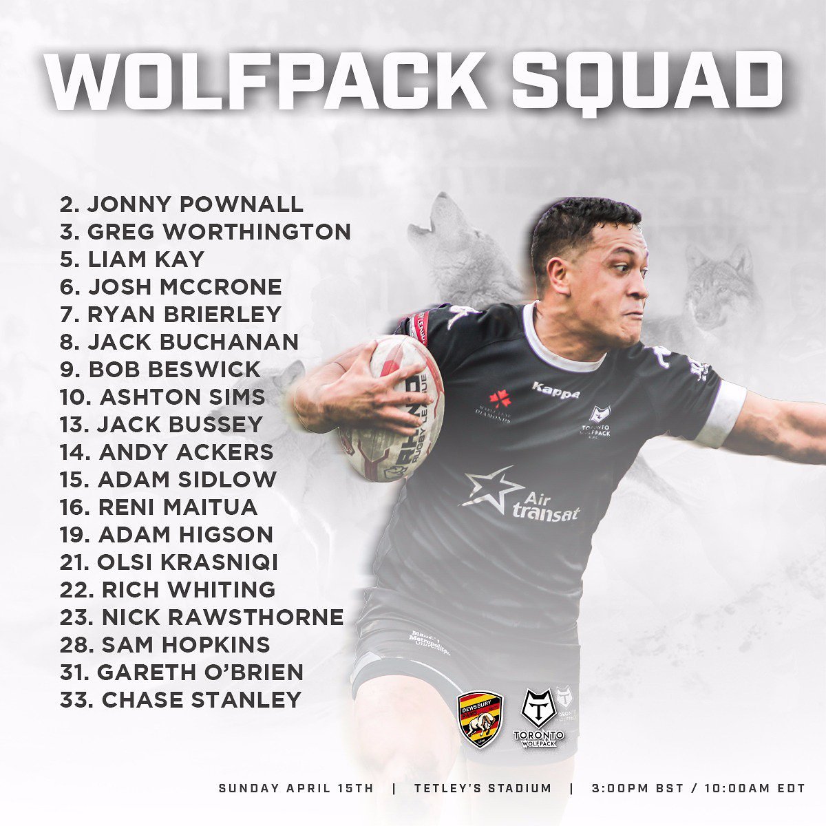 WolfPackPackTO's tweet image. WOLFPACK MATCH DAY!

@TOwolfpack welcome back Bob Beswick and Adam Higson to the matchday squad - while as expected, new signing Lussick misses out.

Chance for some space at the top after @BatleyRLFC upset @TOXIII.

ITS WOLFPACK V @DewsburyRams!

#RunWithThePack #lampchops? 🐑🍽