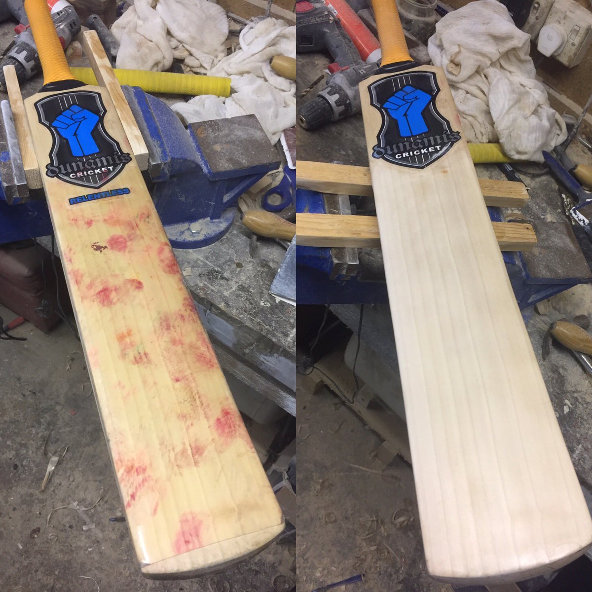 cjicricketuk's tweet photo. Nice little refurb on this bat ! Another 10 to go ! #cji #batrefurbs #bournemouthcricketshop #sundaymorning #dorset #bournemouth https://t.co/eaJxM4XfN3
