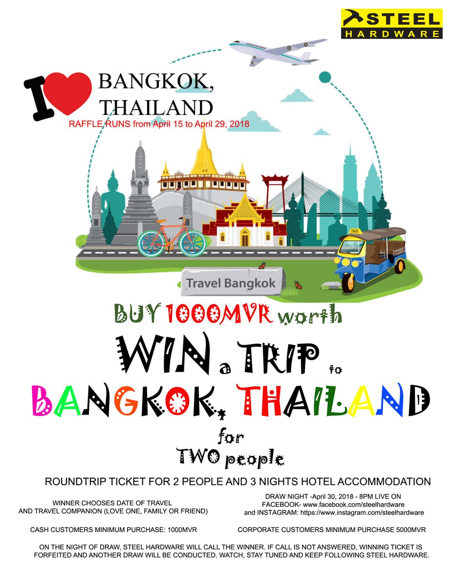 SteelhardwareMV's tweet photo. Win an ALL EXPENSE PAID trip to #bangkok #Thailand by #STEELHARDWARE. Visit our stores: Gr. Flr, Filaa Bldg. 2, Boduthakurufaanu (near the local vegetable market), BUY ITEMS and GET A RAFFLE TICKET!!!
VIBER OR WHATSAPP +960-740-8361 for more details.
#Construction #Maldives https://t.co/b9pUsUgY5D