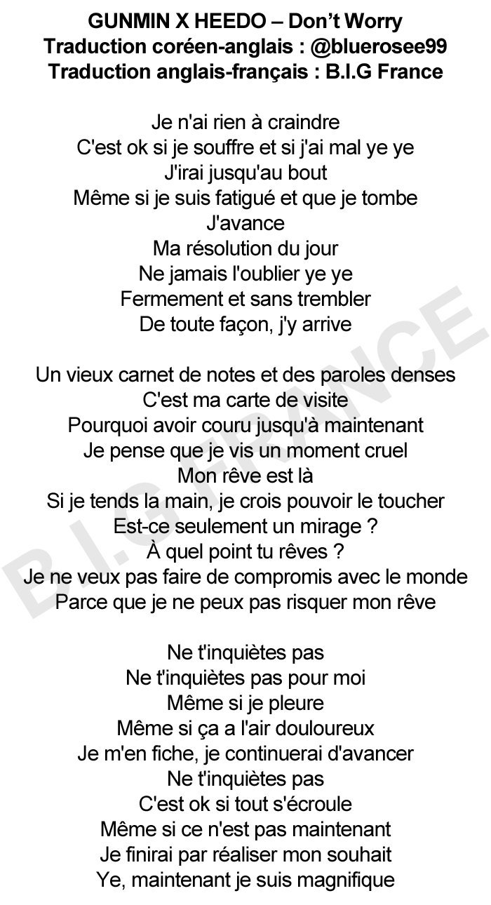 B.I.G France on X PAROLES 180415 GUNMIN X HEEDO Don t Worry Paroles originales VIXX Ravi et B.I.G Heedo Traduction coreen anglais bluerosee99 Traduction anglais francais B.I.G France https t r6c97d...