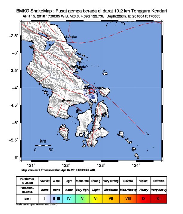 infoBMKG's tweet photo. #Gempa Mag:3.6, 15-Apr-18 17:00:05 WIB, Lok:4.09 LS, 122.73 BT (Pusat gempa berada di darat 19.2 km Tenggara Kendari), Kedlmn:22 Km Dirasakan (MMI) III-IV Kendari #BMKG https://t.co/ny54xKFpev