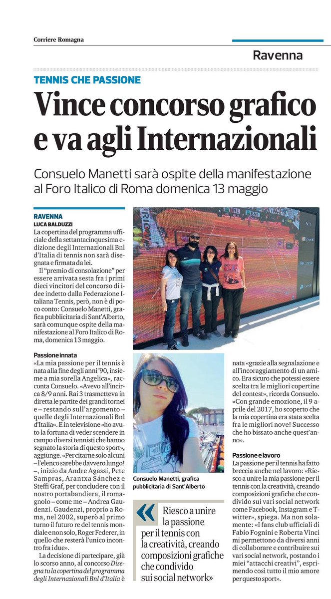ConsueloManetti's tweet photo. Un meraviglioso risveglio 💫!
Grazie mille a Luca Balduzzi e al @CorriereRomagna per il bellissimo articolo! 🎾🇮🇹💫 Roma, arrivo! #ibi18 #tennis #sport #dream #proud #grazie #Roma #Ravenna #articolo #giornale #emozione https://t.co/qJT0mFRaT2