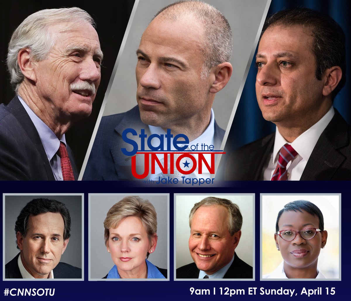 CNNSOTU's tweet photo. Good Morning! Today on #CNNSOTU w/ @JakeTapper: @SenAngusKing, @MichaelAvenatti, @PreetBharara, @JenGranholm, @RickSantorum, @ninaturner, @BillKristol, &amp; the Cartoonion! Hope you join us! https://t.co/cUODJKK8iw