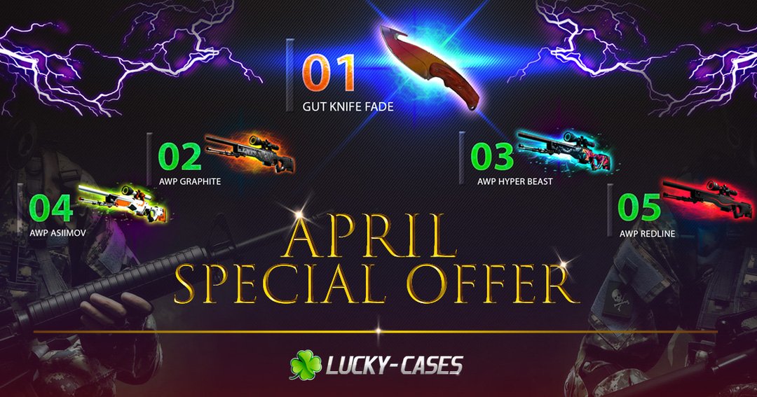 LuckyCases_Part's tweet photo. 💣Our April SPECIAL OFFER 👑 still lasts
Only several steps divide u from getting the coolest skins🔑
https://t.co/RvuhxCeVyH 🎉
📢There will be5️⃣winners,so every of U has a real chance

#gutknifefade #AWPGraphite #AWPHyperBeast #AWP #AWPRedline
#specialoffer #csgogiveaway https://t.co/wRy5d8ldSG